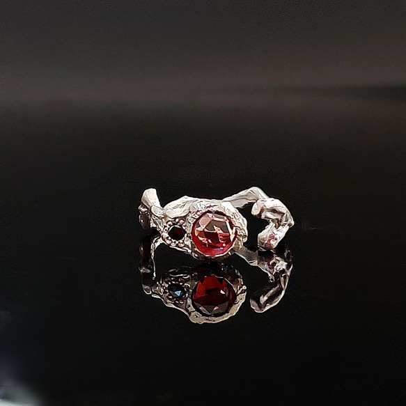 Red garnet and black diamond curved ring 1枚目の画像