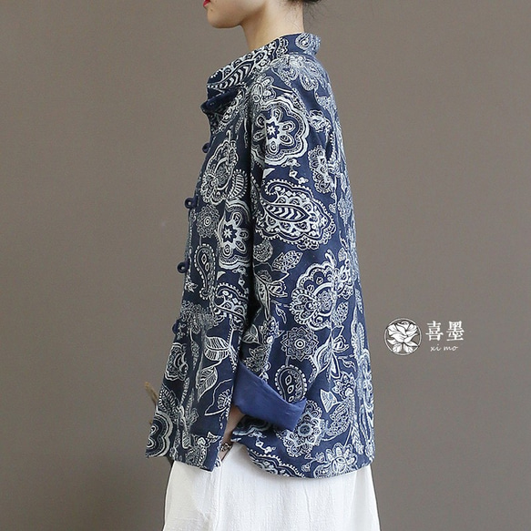 綿麻シャツ チャイナドレス風 トップス 長袖シャツ　ブラウス 1950 4枚目の画像