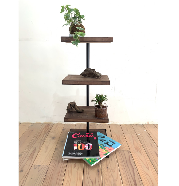360°回転3段ラック 観葉植物 無垢板 回転 ディスプレイ カフェ風