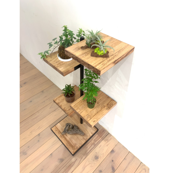４段タイプのディスプレイ棚　リビングや玄関にも　木の香りとアイアンの360度回転ラック　観葉植物　カフェ風ンテリア 2枚目の画像