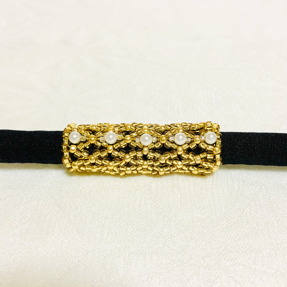 帯留め　ビーズ編み　パール付き　ゴールド　シルバー　クリスタル　ブラック 4枚目の画像