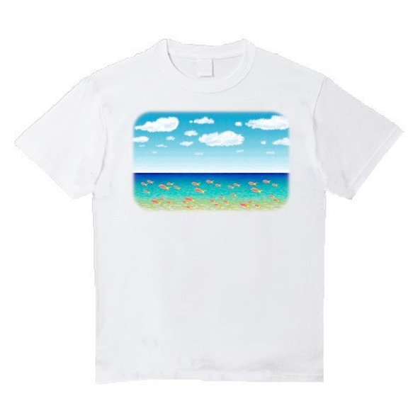 受注プリント☆ホワイトＴシャツ「南国の海とお魚たち」オリジナルデザイン☆大人から子供まで 全てのサイズ対応 2枚目の画像