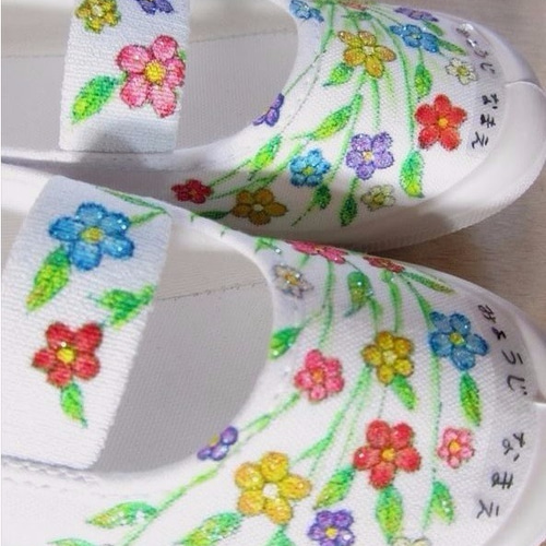 18cmサイズ 100%手描き☆本当にゴシゴシ洗える上履き「花束」お名