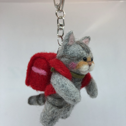ランドセル猫ちゃんキーホルダー(サバトラ猫)羊毛フェルト 羊毛