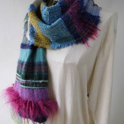 手織り(日本の冬)多色織りを楽しむ・ウール・カシミヤ・ロングストール 2枚目の画像