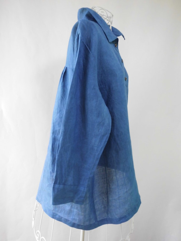 藍染め・リネン・Aライン・チュニック_明るい浅葱色・ゆったり・フリーサイズ 3枚目の画像