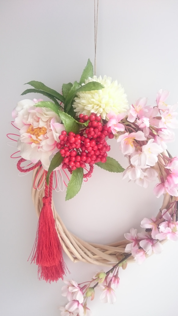 しだれ桜&椿・春の宴【wreath】アーティシャルフラワー 2枚目の画像