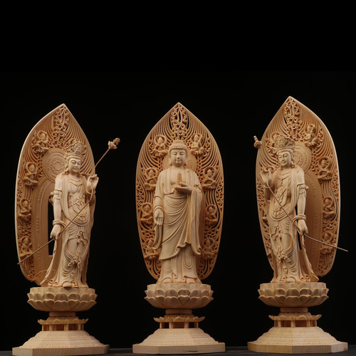仏教美術品 東方三聖 觀音菩薩 勢至菩薩 木彫仏像 薬師三尊立像 精密