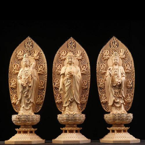 仏教美術 仏像 西方三聖菩薩仏像 仏堂奉納 装飾品 工芸品 置物 Amazon｜三仏像、 柘植木西方三聖：阿弥陀如来・観音菩薩・大勢