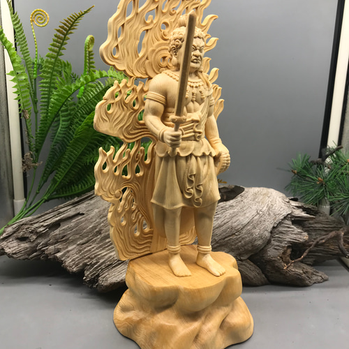 仏教美術 不動明王立像 木彫仏像 極上品 彫刻工芸品 招財 彫刻 大波