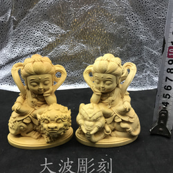 Q版 文殊菩薩  普賢菩薩  木彫仏像  供養品   極上品 1枚目の画像