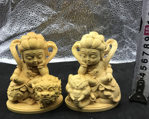 Q版 文殊菩薩 普賢菩薩 木彫仏像 供養品 極上品 彫刻 大波彫刻 通販