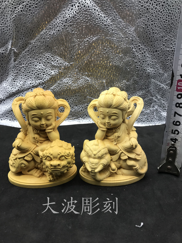 Q版 文殊菩薩  普賢菩薩  木彫仏像  供養品   極上品 1枚目の画像