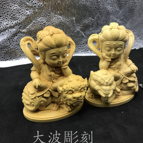 Q版 文殊菩薩 普賢菩薩 木彫仏像 供養品 極上品 彫刻 大波彫刻 通販