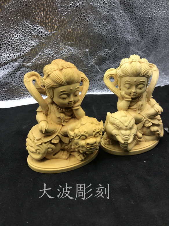 Q版 文殊菩薩  普賢菩薩  木彫仏像  供養品   極上品 4枚目の画像