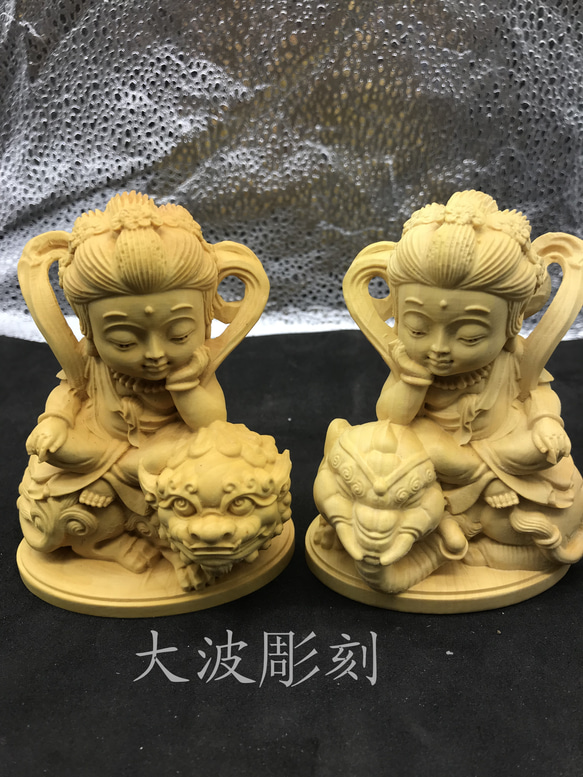 Q版 文殊菩薩  普賢菩薩  木彫仏像  供養品   極上品 5枚目の画像