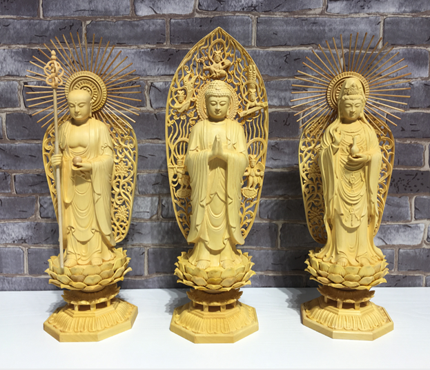 娑婆三聖 仏教工芸品 阿弥陀如来 観音菩薩 地蔵菩薩 木彫仏像 極上品 