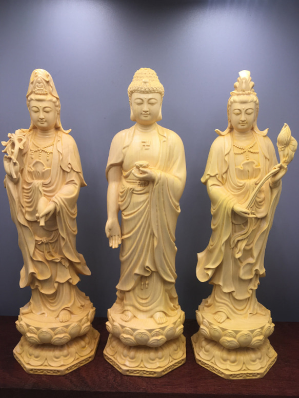 極上質 阿弥陀如来三尊 観音菩薩 勢至菩薩 供養品 仏教工芸品 木製仏像