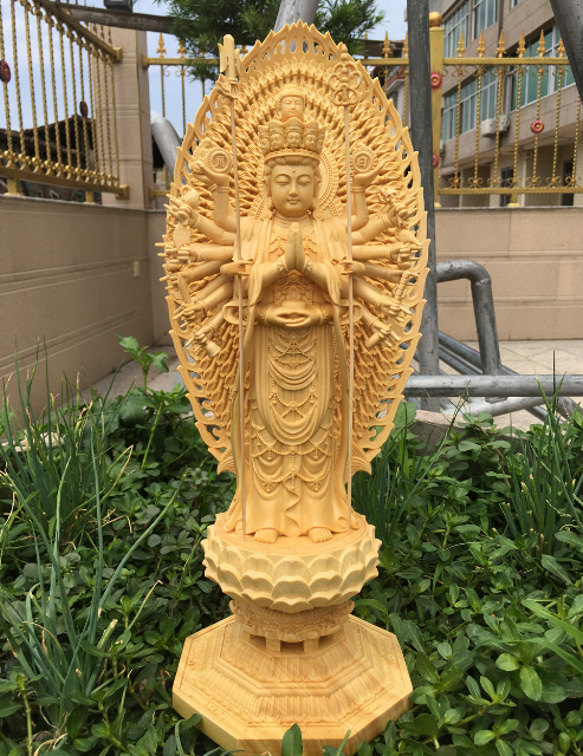 稀少珍品 千手観音菩薩 供養品 木彫仏像 商売繁盛 仏師彫り 高さ43cm 