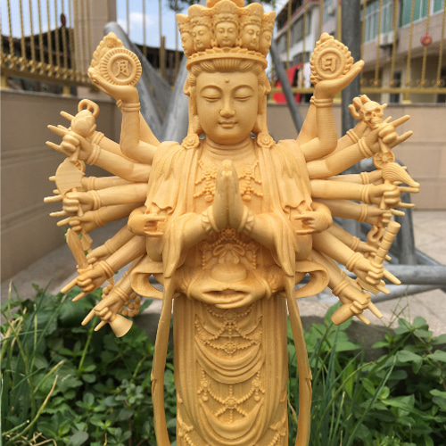 稀少珍品 千手観音菩薩 供養品 木彫仏像 商売繁盛 仏師彫り 高さ43cm 