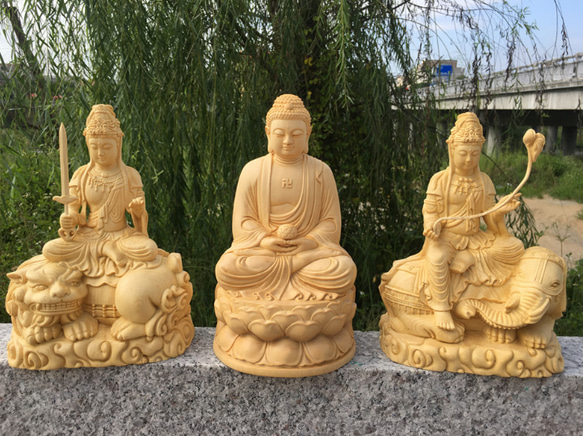 華厳三聖 文殊菩薩 普賢菩薩 釈迦如来 木彫仏像 仏教工芸品 供養 華厳三聖 文殊菩薩 普賢菩薩 釈迦如来 木彫仏像 仏教工芸品 供養