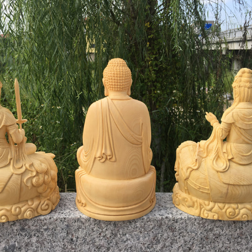 華厳三聖 文殊菩薩 普賢菩薩 釈迦如来 木彫仏像 仏教工芸品 供養