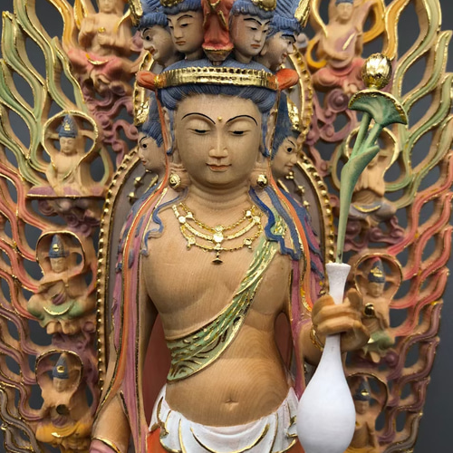 なおさん　仏教美術　木彫彩色　観音菩薩像　仏像　厨子付　C　8103 極彩色 十一面観音菩薩 仏教美術 仏師彫り 仏教工芸品 木彫仏像
