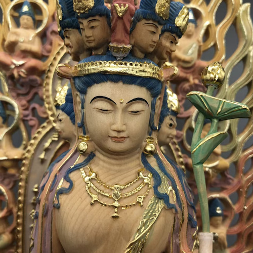 なおさん　仏教美術　木彫彩色　観音菩薩像　仏像　厨子付　C　8103 極彩色 十一面観音菩薩 仏教美術 仏師彫り 仏教工芸品 木彫仏像