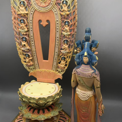 極彩色 十一面観音菩薩 仏教美術 仏師彫り 仏教工芸品 木彫仏像