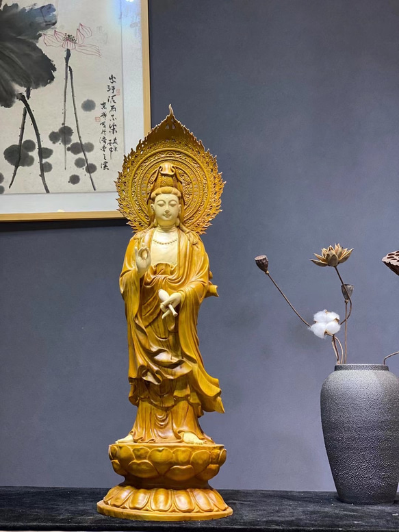 聖観音菩薩立像 石像 台座付 大型サイズ(高さ74cm) 愛品館 市原店】仏教美術聖観音菩薩立像