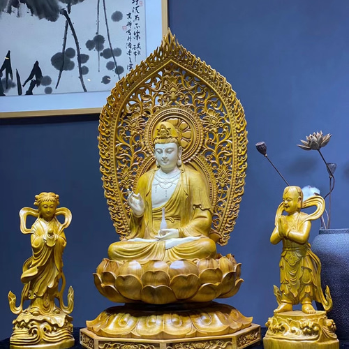 観音菩薩像 善財童子 八歳龍女 木彫仏像 細工精彫 超絶技巧 特大 観音菩薩像 善財童子 八歳龍女 木彫仏像 細工精彫 超絶技巧 特大