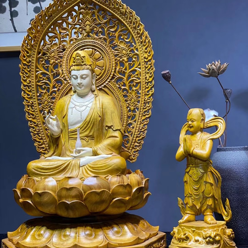 観音菩薩像 善財童子 八歳龍女 木彫仏像 細工精彫 超絶技巧 特大 仏教