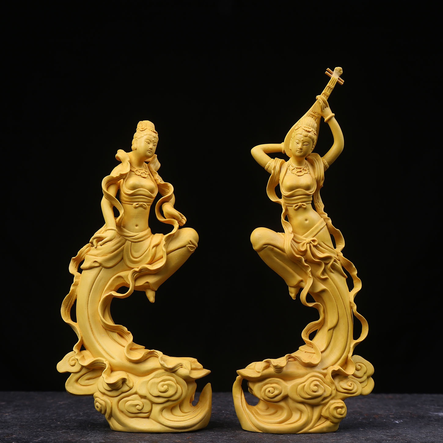 2点同出 飛天美女 彫刻工芸品 細工精彫 極上品 置物 職人手作り 彫刻 