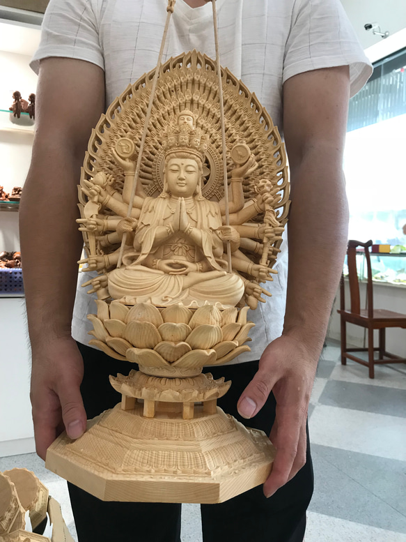最高級 千手観音菩薩 仏像座像 細工精彫 超絶技巧 手作り 木彫り