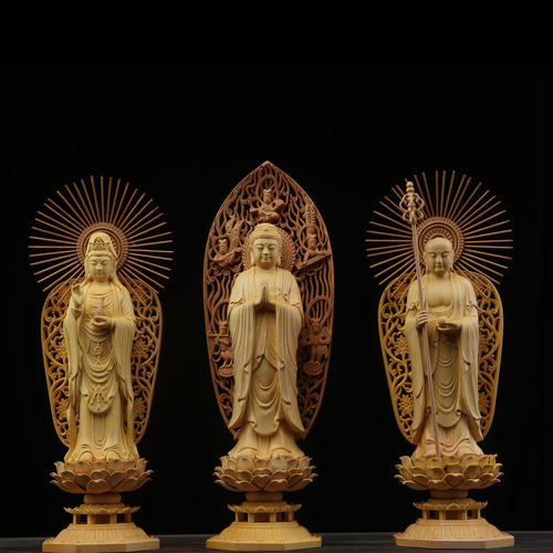 極上彫 木彫 仏像 三聖仏で 木製 彫刻 仏教工芸品 美術品 装飾品 置物
