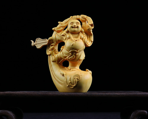 布袋様 七福神 木彫り 仏像 置物 仏教工芸品 細密彫刻 天然の木 彫刻