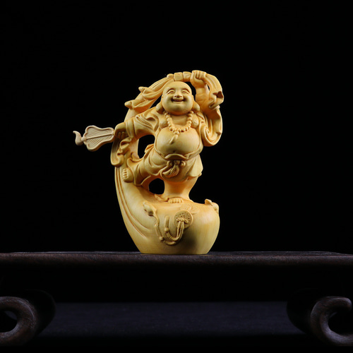 布袋様 七福神 木彫り 仏像 置物 仏教工芸品 細密彫刻 天然の木 彫刻