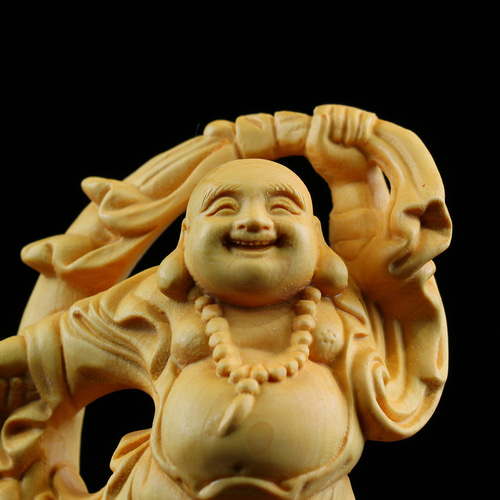 布袋様 七福神 木彫り 仏像 置物 仏教工芸品 細密彫刻 天然の木 彫刻