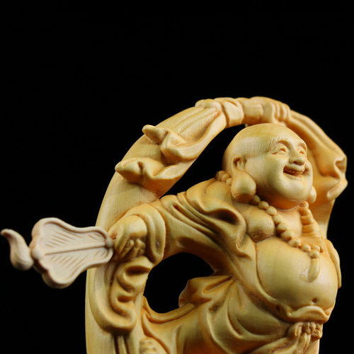 布袋様 七福神 木彫り 仏像 置物 仏教工芸品 細密彫刻 天然の木 彫刻