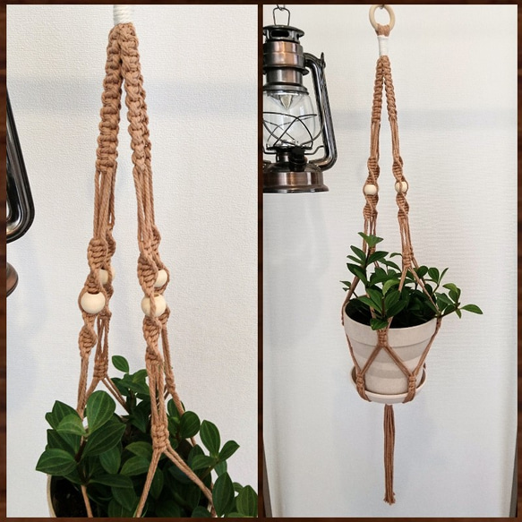 マクラメ編みプラントハンガーL〈ブラウン〉ハンギングバスケット/吊り鉢/植物 3枚目の画像