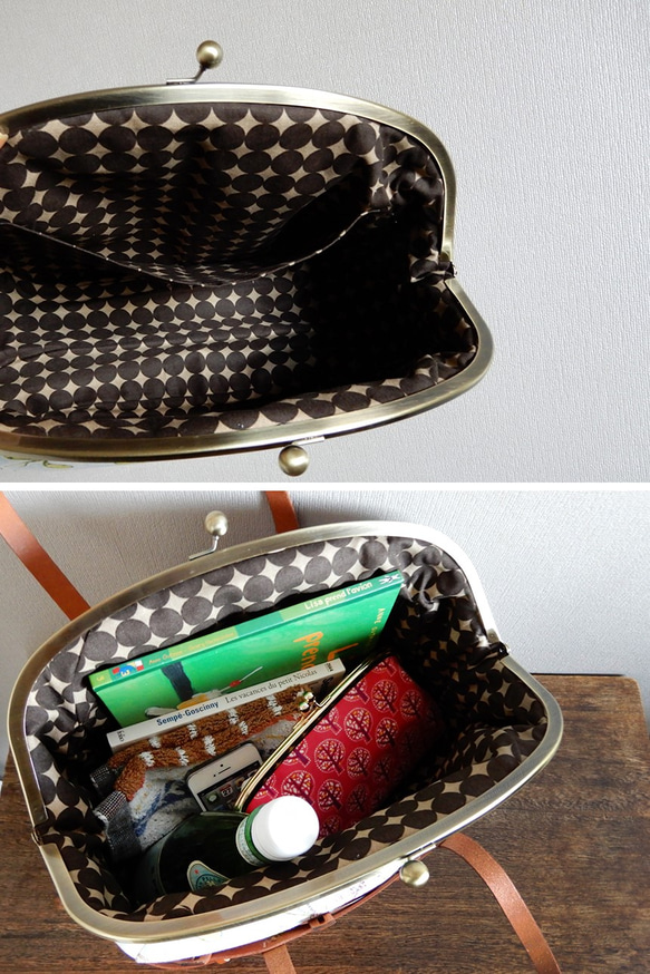 年中使える革のカゴバッグ レザーがま口ハンドバッグ（ショルダーバッグ）ゴブラン風花柄 5枚目の画像