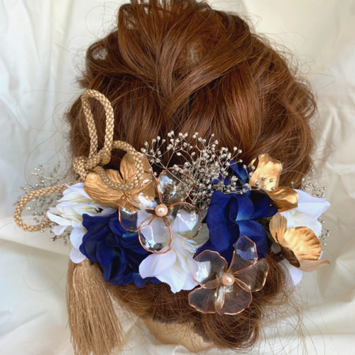金✖️ネイビー 紺色 成人式 成人式前撮り 結婚式 髪飾り ヘッドピース ...