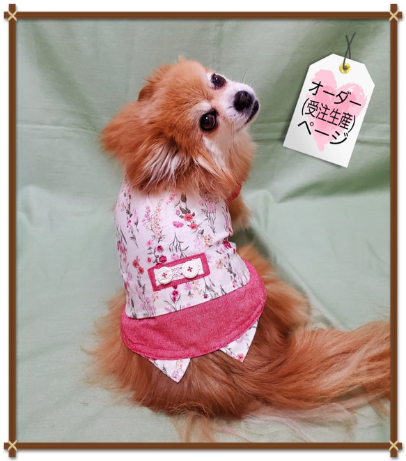 【オーダー】 犬猫服  重ね着風シャツ  タンクトップタイプ  わんこ服　犬服　赤花 1枚目の画像