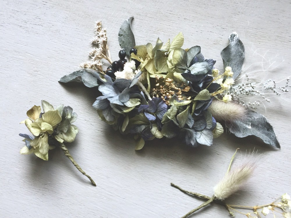// くすみブルー×グリーンのアンティークあじさいのボタニカルヘッドドレス // おしゃれ結婚式のウェディング髪飾り