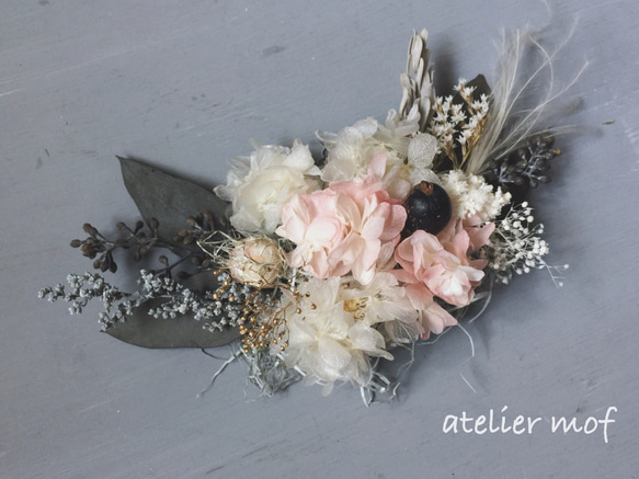 // ふわふわ白×ピンクあじさいとユーカリmimonoのラスティックヘッドドレス/ウェディング結婚式髪飾り 1枚目の画像