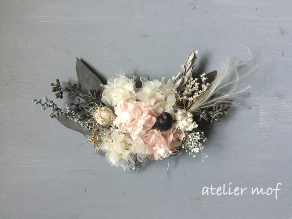 // ふわふわ白×ピンクあじさいとユーカリmimonoのラスティックヘッドドレス/ウェディング結婚式髪飾り 3枚目の画像