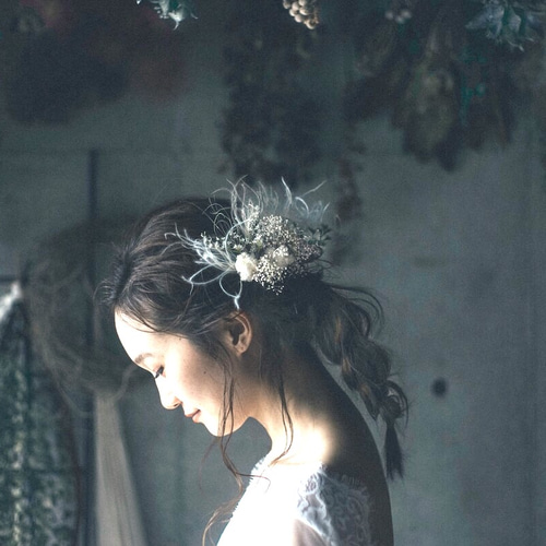 ほわほわフェザーグラスとあじさいのゆるふわヘッドドレス