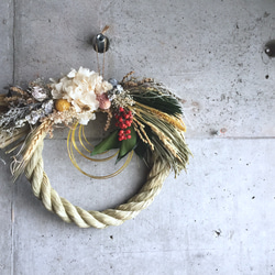 5自家栽培無農薬 しめ縄 正月飾り ドライフラワー プリザーブド 紫陽花 コーン 稲藁のお正月しめ縄飾り【ドライフラワー】一年中飾れる! F4B