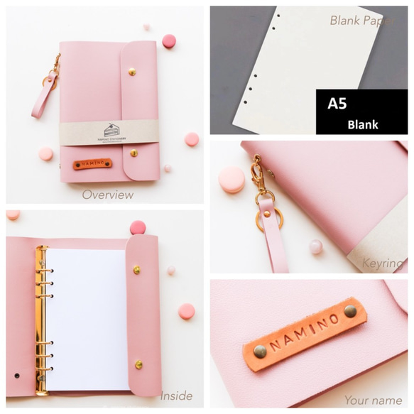 カラーレザーカバー付きノートブック Pink 色（キーホルダーを含む） 7枚目の画像