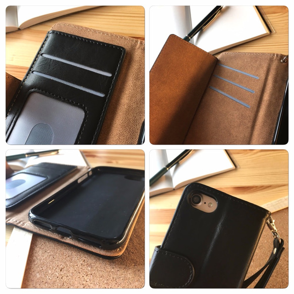 手帳型 iphone8plus iphone7plus ケース お財布付き 上品なレザー 皮 ブラック 5枚目の画像